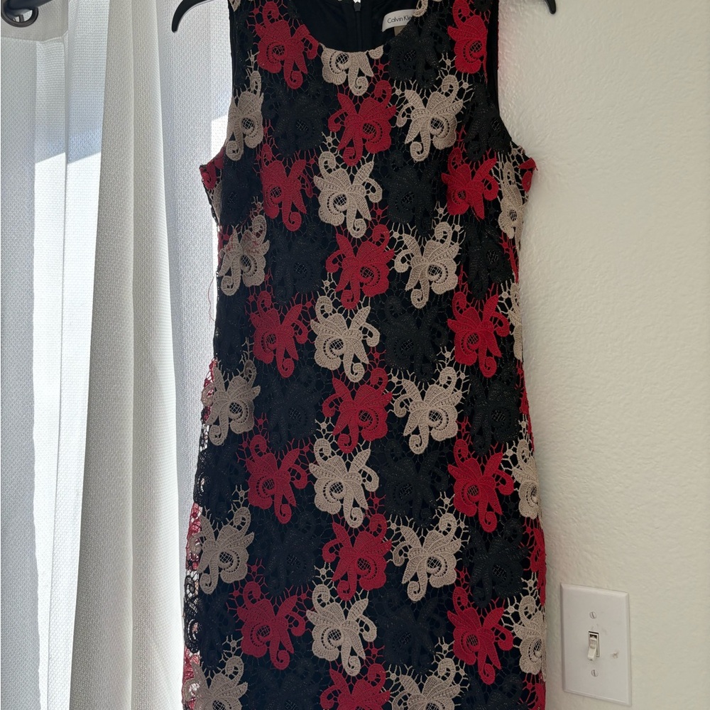 Calvin Klein Black, Red, and Cream Lace Mini Dress